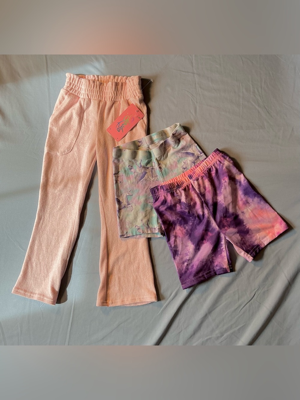 SHEIN Pink Knit Pants with Pastel Print and Purple Tie-Dye Bike Shorts